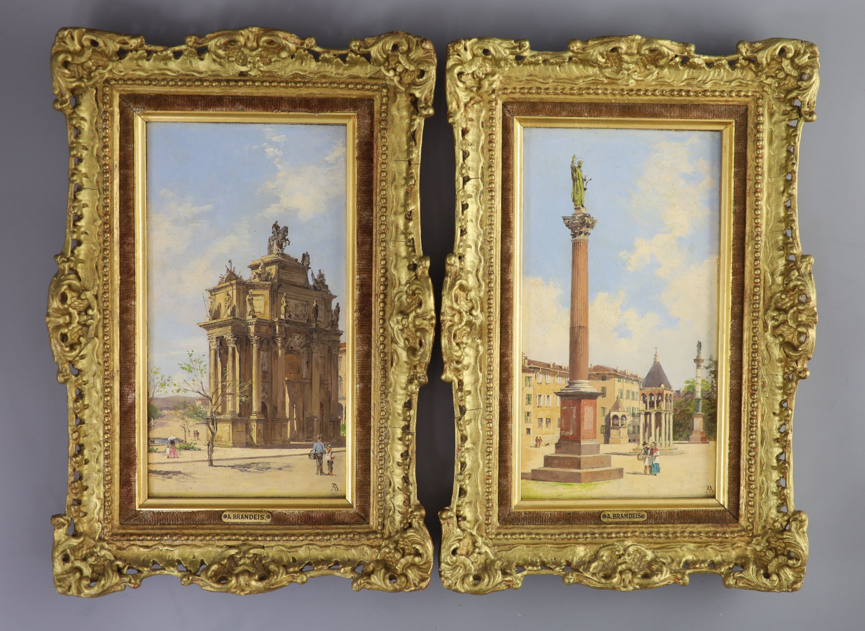 Antoinetta Brandeis (Italian, 1849-1926), Piazza San Domenico, Bologna & Triumphal Arch, pair of oils on board, 24 x 12.75cm